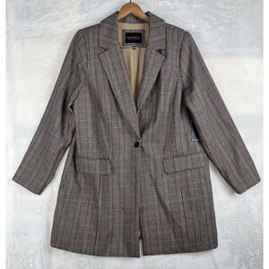 Eloquii Womens Plus Brown Houndstooth Single Button Blazer Jacket Sz 16 Office